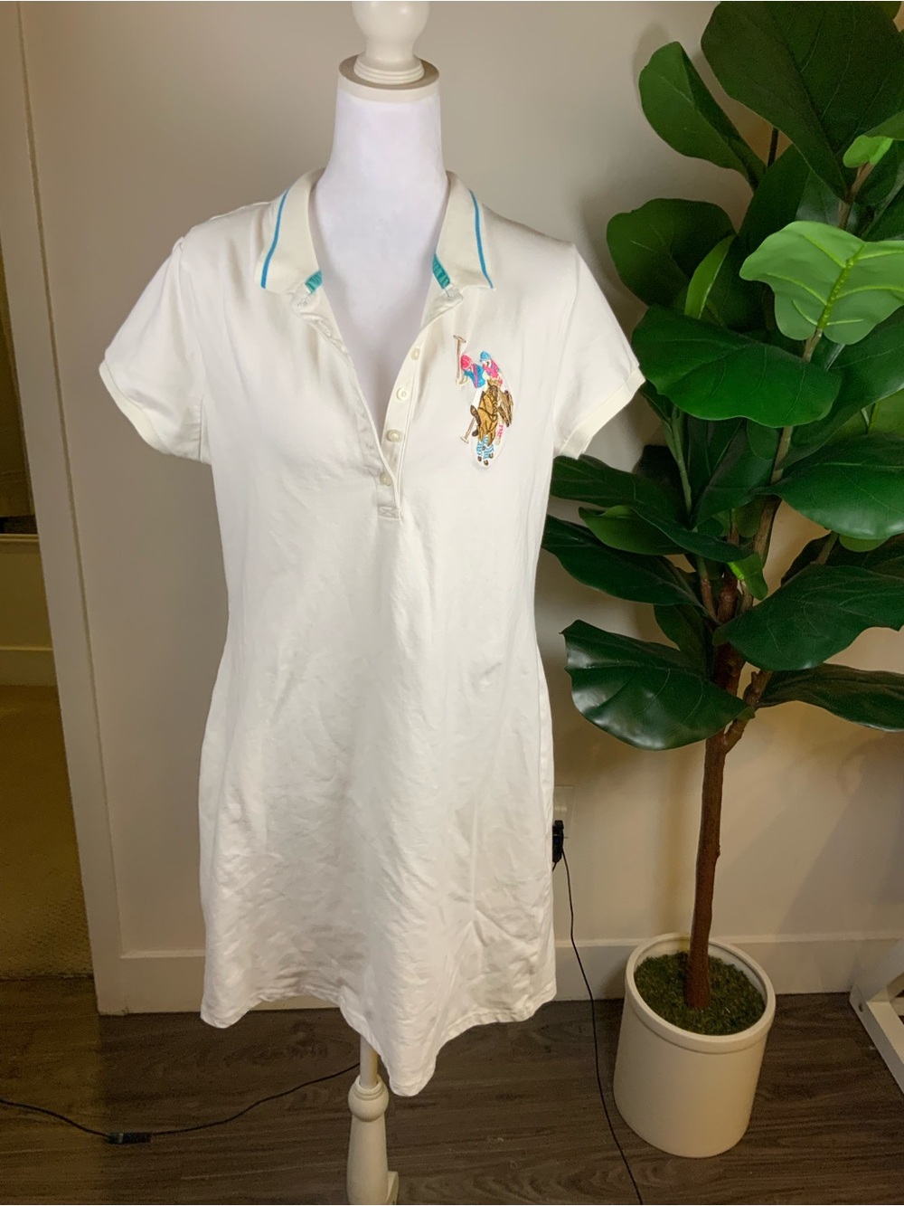 U.S. Polo Assn. White Polo Dress with Teal Trim and Multicolor Pony Logo